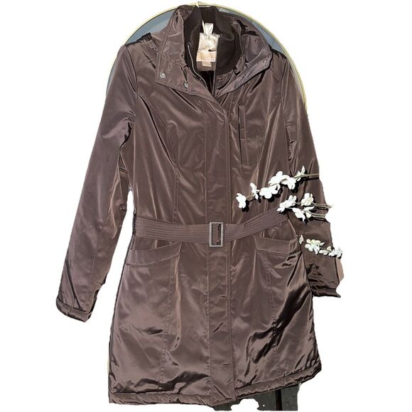 Michael Kors Navy Brown Long Length Jacket W/ Removable Hood W/ Fur Parka Puffer - Picture 1 of 12